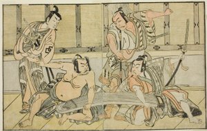 A színészek Ichikawa Yaozo II mint Kujaku no Saburo, Matsumoto Koshiro II mint Hata no Daizen Taketora, Nakajima Mihoemon II mint Aramaki Mimishiro és Nakamura Shocho I mint Ki no Tsurayuki (jobbról balra), a Kuni no Hana Ono no Itsumoji című darabban, Elő alkotó: Katsukawa Shunsho