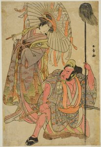 A színészek Ichimura Uzaemon IX, mint Hata no Daizen Taketora, Yakko Mataheinek álcázva (jobbra), és Iwai Hanshiro IV Umegaeként, a vers-jósló Omatsu (balra) az Ichimura Színházban előadott Mukashi Otoko Yuki no Hinagata című darabban. a t alkotó: Katsukawa Shunsho