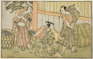 A színészek Kasaya Matakuro II Hagun Taro szerepében (jobbra), Ichikawa Monnosuke II Izutsu no Suke Narihira (középen), Nakamura Nakazo I pedig Kose no Kanaoka, Sogoro, a szénkészítő szerepében, a Kuni no Hana Ono no Itsumoji című darabban előadva a Nakáná alkotó: Katsukawa Shunsho