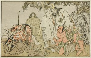 A színészek Nakajima Mihoemon II mint Aramaki Mimishiro (jobbra), Matsumoto Koshiro II mint Otomo no Yamanushi (középen), és Ichikawa Danzo III mint Hannya no Goro (balra), a Kuni no Hana Ono no Itsumoji című darabban, a Nakamura Színházban. a tizenegyedik alkotó: Katsukawa Shunsho
