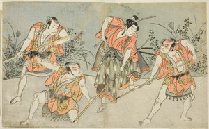 A színészek Nakamura Kashiwagi mint Wakashu (jobbról a második), és a három azonosítatlan színész Yakkoként alkotó: Katsukawa Shunsho