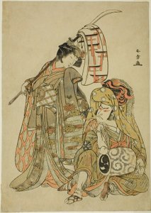 A színészek Nakamura Nakazo I, mint Onmaya Kisanda Kakubei, az oroszlántáncosnak (Kakubei-jishi) öltözve (jobbra) és Segawa Kikunojo III mint Shizuka Gozen (balra), a "Myoto-zake Kawaranu Nakanaka" (A házasság örök harmóniája) című táncsorozatban ) Kupa),  alkotó: Katsukawa Shunsho