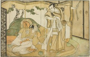 A színészek Nakamura Nakazo I, mint Taira no Kiyomori (jobbra), és Yamashita Kinsaku II mint Tokiwa Gozen (balra), a Nue no Mori Ichiyo no Mato című darabban, a Nakamura Színházban a tizenegyedik hónapban, 1770 alkotó: Katsukawa Shunsho