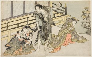 A színészek Nakamura Noshio I mint Nyosan no Miya (jobbra), Ichikawa Danjuro V mint a Renegade Monk Yochin (középen), és Yamashita Kinsaku II mint a szobalány Mutsuhana (balra), a Fuki Kaete Tsukimo Yoshiwara című darabban, amelyet a Morita Színházban muta alkotó: Katsukawa Shunsho