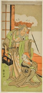 Nakamura Utaemon I mint Karashi Baba (jobbra) és Ichikawa Danjuro IV mint Sanshodayu (balra) a Kawaranu Hanasakae Hachi no Ki című darabban alkotó: Katsukawa Shunsho