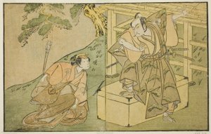 A színészek Onoe Matsusuke I, mint Akaboshi Taro (jobbra), és Azuma Tozo II mint Shirotae (balra), a Kono Hana Yotsugi no Hachi no Ki című darabban, amelyet az Ichimura Színházban mutattak be a tizenegyedik hónapban, 1771 alkotó: Katsukawa Shunsho