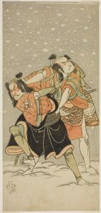 A színészek Otani Hiroji III, mint Kameo (jobbra), és Sakata Sajuro I mint Ario (balra), a Hime Komatsu Ne no Hi Asobi című darabban, amelyet az Ichimura Színházban mutattak be a kilencedik hónapban, 1768 alkotó: Katsukawa Shunsho