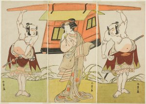 A színészek Otani Hiroji III mint Yokambei (jobbra), Nakamura Tomijuro I mint Kuzunoha (középen) és Bando Mitsugoro I mint Yakambei (balra), a Shinodazuma (A feleség a Shinoda Forestből) című darab utolsó jelenetében, kiegészítésként. a Play Kikyo-zom alkotó: Katsukawa Shunsho