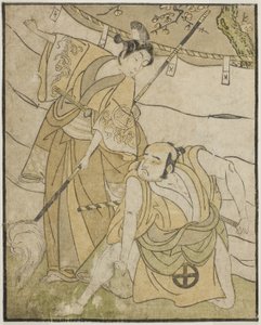 A színészek Otani Tomoemon I, mint Emohei (jobbra), és Sanogawa Ichimatsu II mint Sanada Yoichi (balra), a Myoto-giku Izu no Kisewata című darabban, amelyet az Ichimura Színházban mutattak be a tizenegyedik hónapban, 1770 alkotó: Katsukawa Shunsho