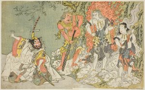 A színészek Sawamura Kijuro I, mint Ikazuchi Shinno, a Mennydörgés hercege (bal szélső), Ichikawa Danjuro V mint Fudo buddhista istenség (balról a második), Nakamura Sukegoro II mint Seitaka Doji (jobbról a második), és Bando Mitsugoro I mint Kongara Doji  alkotó: Katsukawa Shunsho