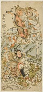 A színészek Sawamura Sojuro II, mint a kínai bölcs Huangshi Gong (lóháton), és Ichikawa Danzo III mint a kínai harcos, Zhang Liang (sárkányon ülve) az Otokoyama Yunzei Kurabe (Az Otoko-hegynél, próba) című darab fináléjában az erő a rajzban alkotó: Katsukawa Shunsho