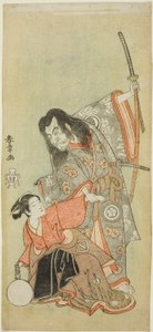 A színészek Sawamura Sojuro II Shunkan papként és Azuma Tozo II Oyasu szerepében a "Hime Komatsu Ne no Hi Asobi (Kirándulás fenyőcsemetéket szedni az újév patkánynapján)" című darabban. alkotó: Katsukawa Shunsho