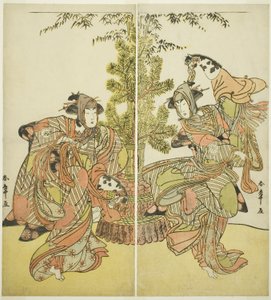 A színészek Segawa Kikunojo III, mint Yasukata (jobbra), és Iwai Hanshiro IV mint Utou (balra) a Godai Genji Mitsugi no Furisode című darabban, amelyet a Nakamura Színházban mutattak be a tizenegyedik hónapban, 1782 alkotó: Katsukawa Shunsho