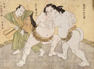 Birkózómérkőzés Kimenzan Tanigoro és Edogasaki Gemji között (színes fatömbnyomat) alkotó: Katsukawa Shunsho