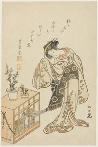Young Woman with a Caged Monkey (Calendar Print for New Year 1776) alkotó: Katsukawa Shunsho