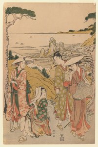 Yedo zarándoktársasága egy teaház előtt a Futami tengerpartja mögötti dombokon, és gyönyörködik a kilátásban, 1795 (színes fatömbnyomat)