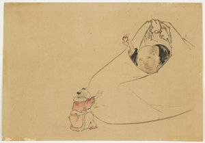 Hotei lángoló ékszert ajánl egy kisfiúnak, 1850 körül (tinta és szín papíron)