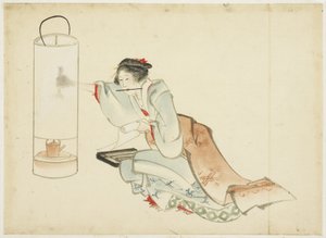 Lady Adjusting a Lamp, 1815-1849 körül (tinta és szín a papíron) alkotó: Katsushika (school of) Hokusai