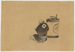 Ülő kísérő dohányzás lámpa mellett, kb. 1850 (tinta és színes papíron) alkotó: Katsushika (school of) Hokusai
