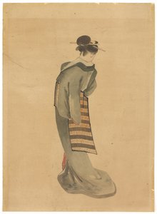 Álló szépség (hátulnézet), 1850 körül (tinta és színes papíron) alkotó: Katsushika (school of) Hokusai