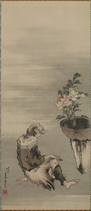 Egy ülő férfi cserepes pünkösdi rózsát néz, Edo-korszak (tinta és szín a papíron) alkotó: Katsushika Hokusai