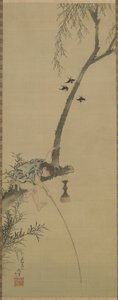 Egy fiú, aki egy fa ágáról horgász, Edo-korszak (tinta és árnyalat a selyemtáblán) alkotó: Katsushika Hokusai