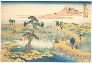 A Mikawa tartománybeli Yatsuhashi híd régi ábrázolása (Mikawa no Yatsuhashi no kozu), a „Különféle tartományok híres hídjainak látképei” (Shokoku meikyō kiran) című sorozatból alkotó: Katsushika Hokusai
