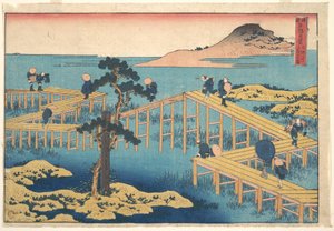 A Mikawa tartománybeli Yatsuhashi híd régi ábrázolása („Mikawa no Yatsuhashi no kozu”), a „Különféle tartományok híres hídjainak látképei” („Shokoku meikyō kiran”) című sorozatból alkotó: Katsushika Hokusai