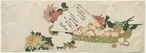 Kosár legyezővel, krizantémokkal és gombákkal alkotó: Katsushika Hokusai