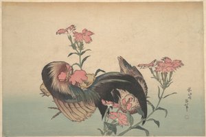 Kakas, tyúk és nadeshiko (Dianthus superbus) alkotó: Katsushika Hokusai