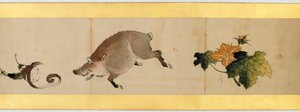 Részlet a kézi tekercsről különféle képekkel, Edo-korszak, 1839-es tinta és színes papíron alkotó: Katsushika Hokusai