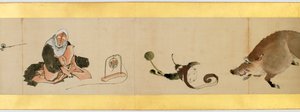 Részlet a kézi tekercsről különféle képekkel, Edo-korszak, 1839-es tinta és színes papíron alkotó: Katsushika Hokusai