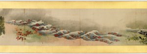 Részlet a kézi tekercsről különféle képekkel, Edo-korszak, 1839-es tinta és színes papíron