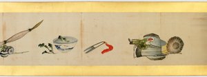 Részlet a kézi tekercsről különféle képekkel, Edo-korszak, 1839-es tinta és színes papíron alkotó: Katsushika Hokusai