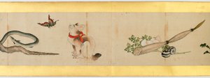 Részlet a kézi tekercsről különféle képekkel, Edo-korszak, 1839-es tinta és színes papíron alkotó: Katsushika Hokusai