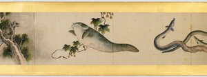 Részlet a kézi tekercsről különféle képekkel, Edo-korszak, 1839-es tinta és színes papíron alkotó: Katsushika Hokusai
