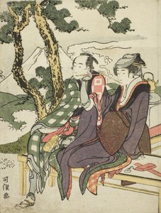 Evening Glow for Date no Yosaku és Seki no Koman, az Eight Views of Tragic Lovers néven ismert, cím nélküli sorozatból alkotó: Katsushika Hokusai