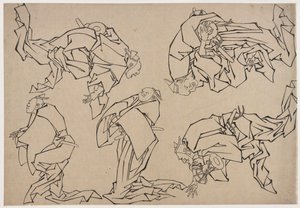 Öt zenész dobban, 18. század vége-19. század eleje. alkotó: Katsushika Hokusai