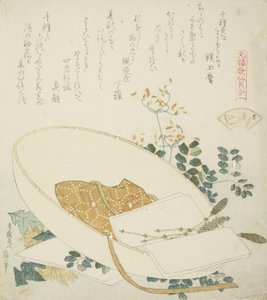 Frissen szedett virágok egy utazó kalapjában, illusztráció a The Thousand-grasses Shell-hez alkotó: Katsushika Hokusai