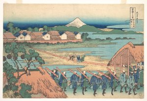A Fuji-hegy a Senju szórakoztató negyedből a távolban (Senju kagai yori chōbō no Fuji), a „A Fuji-hegy harminchat látképe” (Fugaku sanjūrokkei) című sorozatból alkotó: Katsushika Hokusai