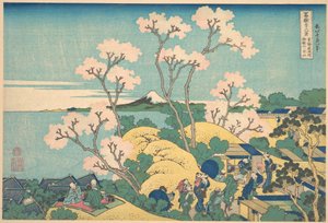 A Fuji-hegy a Tōkaidō-útvonalon, Shinagawa Gotenyama környékéről (Tōkaidō Shinagawa Gotenyama no Fuji), a „A Fuji-hegy harminchat látképe” (Fugaku sanjūrokkei) című sorozatból alkotó: Katsushika Hokusai