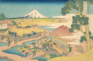 Fuji f rom te Katakura Thea Fie lds tag, de egy kis szaké Katakura teakert Fuji, f romt. .. .. , szúnyog. 1830-32. alkotó: Katsushika Hokusai
