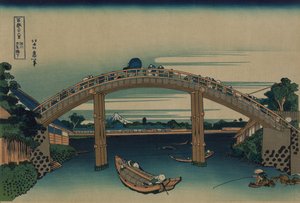 Fuji látható a Mannen hídon keresztül Fukagawánál, Edo államban, 1830 körül alkotó: Katsushika Hokusai
