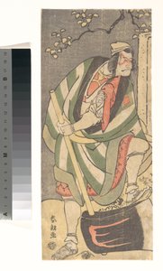 Ichikawa Ebizō (V. Danjūrō) Mongaku Shonin szerepében, Yamagatsu álruhájában a „Kin no Menuki Minamotoya Kakutsuba” című színdarabból alkotó: Katsushika Hokusai