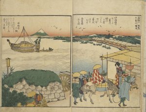 A Sumida-folyó mindkét partjáról készült kilátásokat bemutató illusztrált könyv alkotó: Katsushika Hokusai