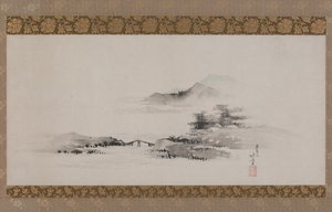 Tájkép, Edo-korszak, 1801-2002 körül (tinta és szín a papíron, függő tekercsként rögzítve) alkotó: Katsushika Hokusai