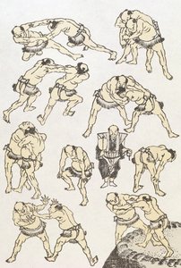 Manga: tanulmányok a birkózók gesztusairól és testtartásáról, pub. 1849, (színes fametszet) alkotó: Katsushika Hokusai