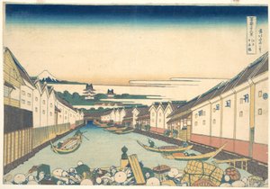 Nihonbashi Edóban (Edo Nihonbashi), a „A Fuji-hegy harminchat látképe” (Fugaku sanjūrokkei) című sorozatból alkotó: Katsushika Hokusai