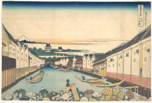 Nihonbashi Edóban (Edo Nihonbashi), a „A Fuji-hegy harminchat látképe” (Fugaku sanjūrokkei) című sorozatból alkotó: Katsushika Hokusai