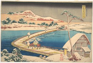 Régi látkép a Kōzuke tartománybeli Sano-i csónakhídról (Kōzuke Sano funabashi no kozu), a „Különféle tartományok híres hídjainak látképei” (Shokoku meikyō kiran) című sorozatból alkotó: Katsushika Hokusai